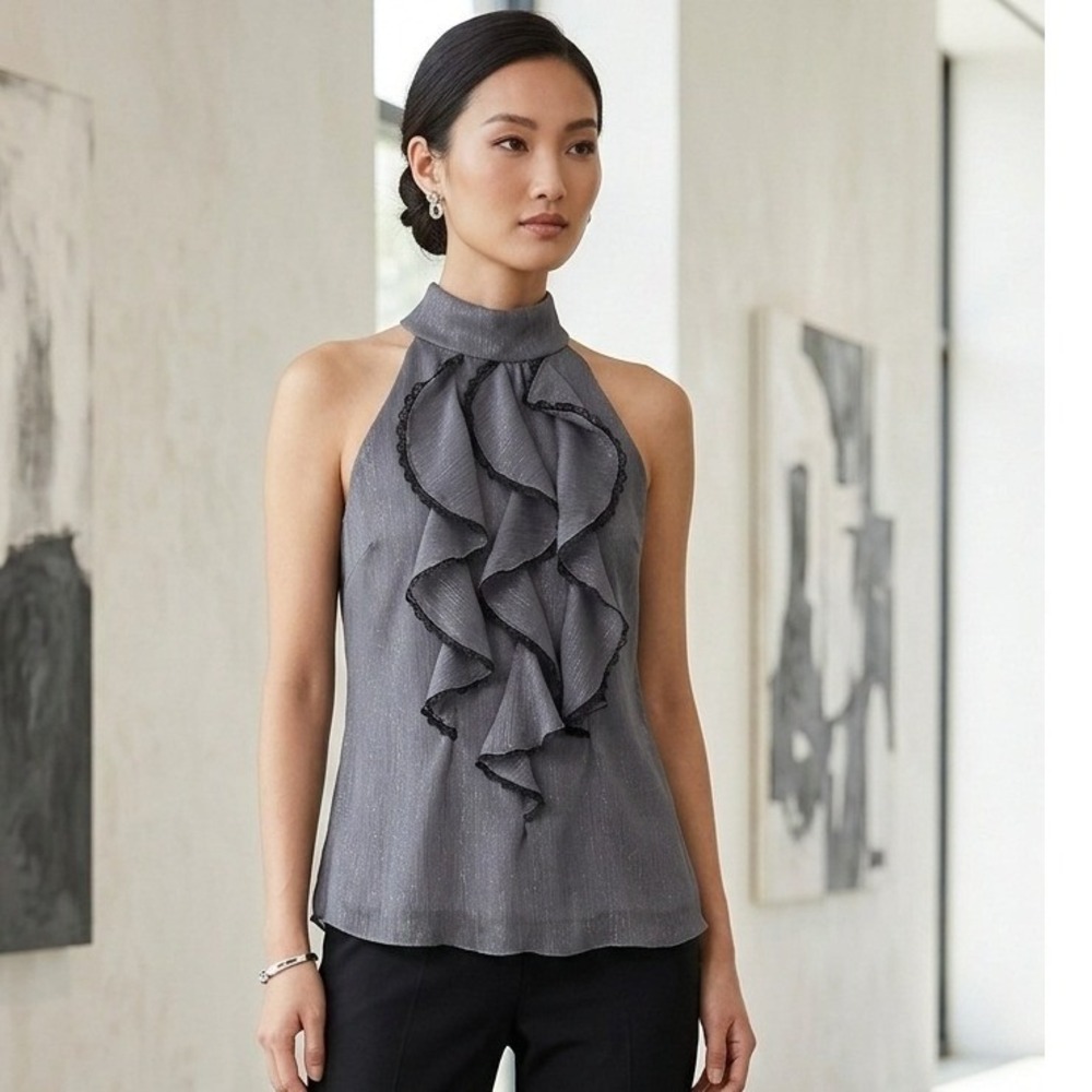 Vintage B-Wear Byer California‎ Gray Ruffle Halter Top Metallic Lace Trim M